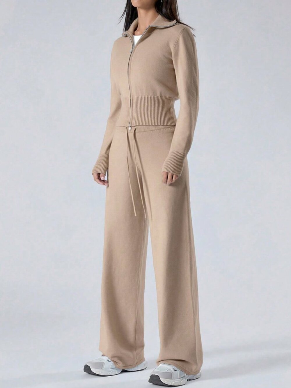 Women's Casual Zip-Up Cardigan and Knit Pants Sweater Set